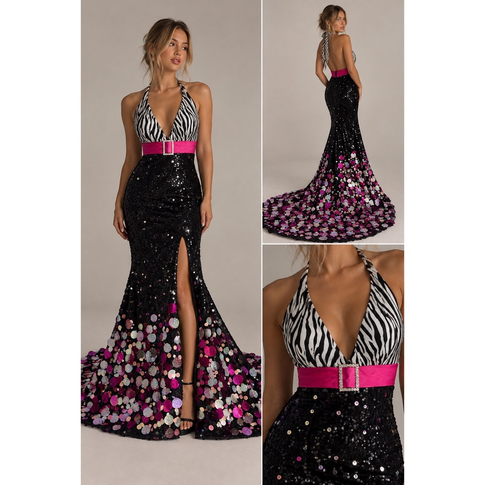 Y2K Scene Club Zebra Sequin Mermaid Prom Dress Pink Belt High Slit Gown 10